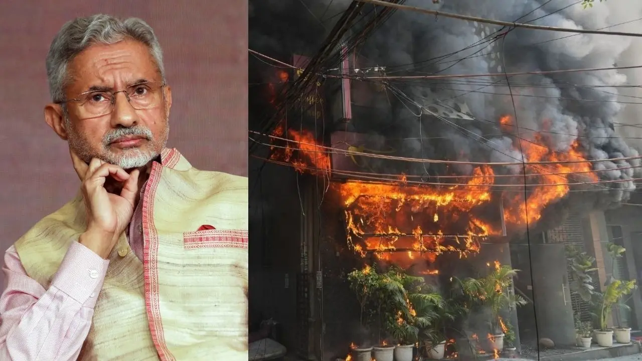എസ്. ജയ്ശങ്കർ | Photo: ANI | തീപ്പിടിത്തത്തിന്റെ ദൃശ്യം | Photo: AP
