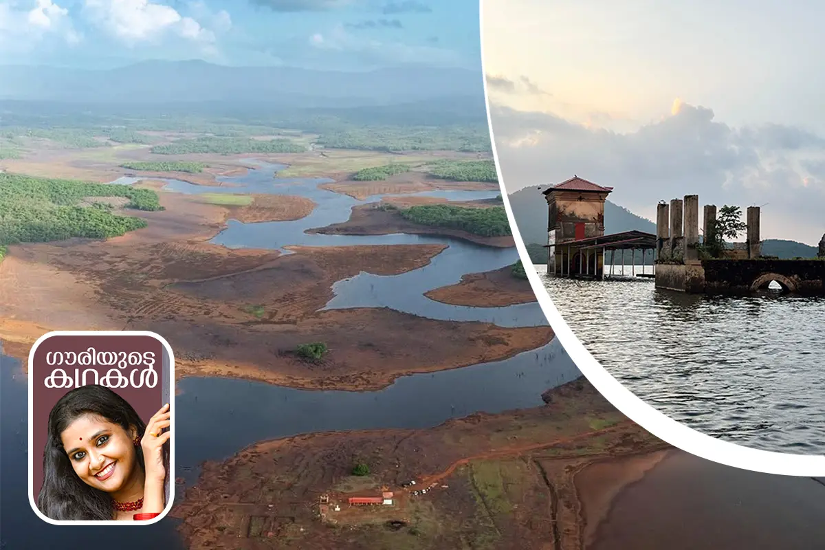 1. കുർഡി ഗ്രാമത്തിന്റെ വേനൽക്കാല ദൃശ്യം, 2. മഴക്കാലത്ത് സോമേശ്വരക്ഷേത്രം വെള്ളത്തിൽമുങ്ങിയ നിലയിൽ | ചിത്രങ്ങൾ: Facebook, എൻ.ഗൗരി