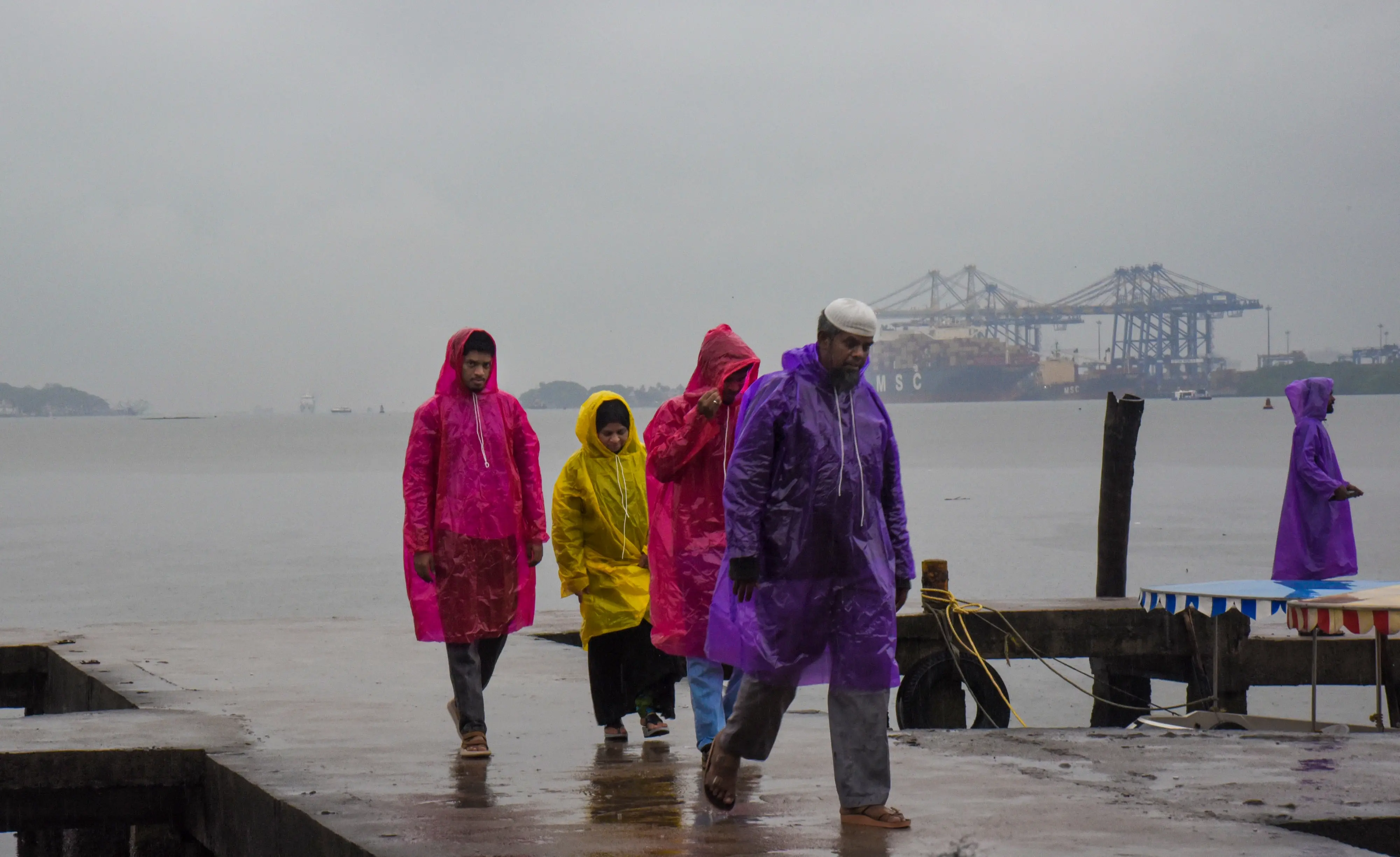 People cover themselves during rainfall as monsoon arrives at Marine Drive in Kochi | PTI