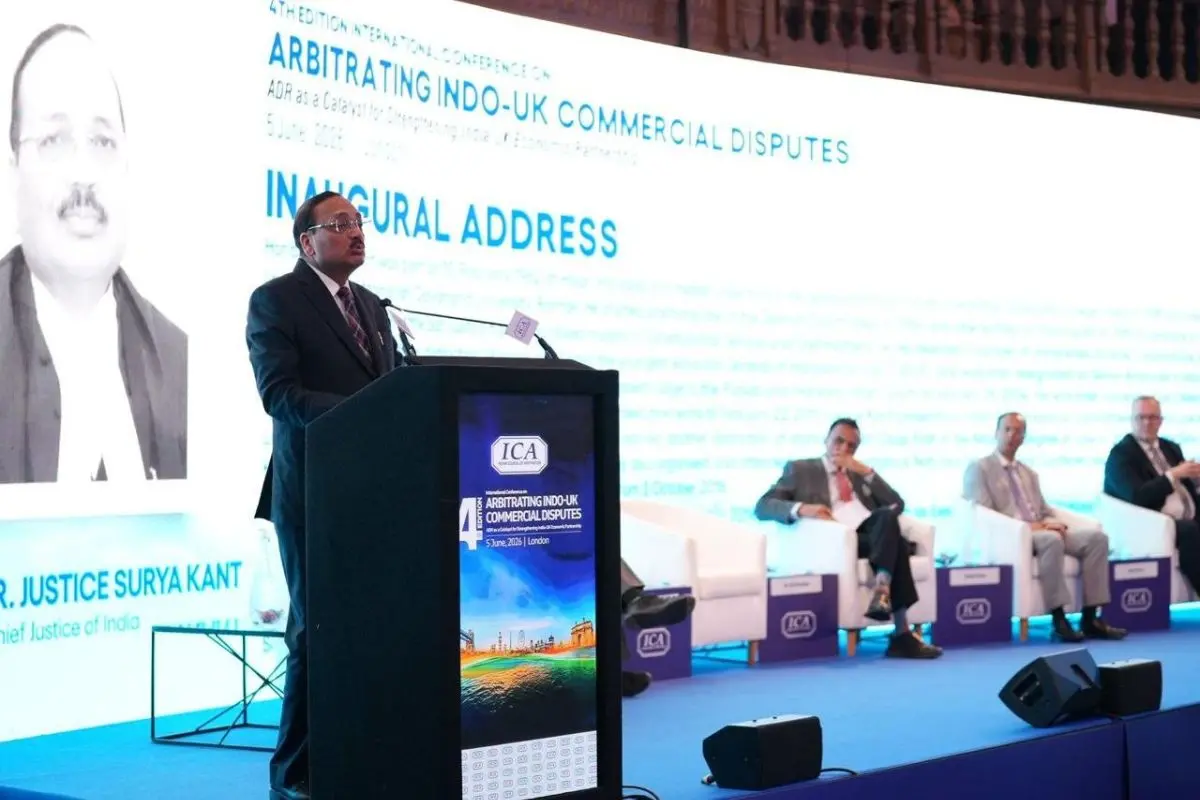 Chief Justice of India Surya Kant delivering the inaugural address at the 4th International Conference on 'Arbitrating Indo-UK Commercial Disputes: ADR as a Catalyst for Strengthening India-UK Economic Partnership' at Church House Westminster, London. (Photo: IANS)