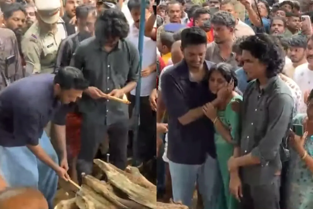ചന്തുവും ആരോമലും സലിംകുമാറിന്റെ ചിതയ്ക്ക് തീക്കൊളുത്തുന്നു, ചന്തു സുനിതയെ ആശ്വസിപ്പിക്കുന്നു | Photo: Screen grab/ Mathrubhumi News