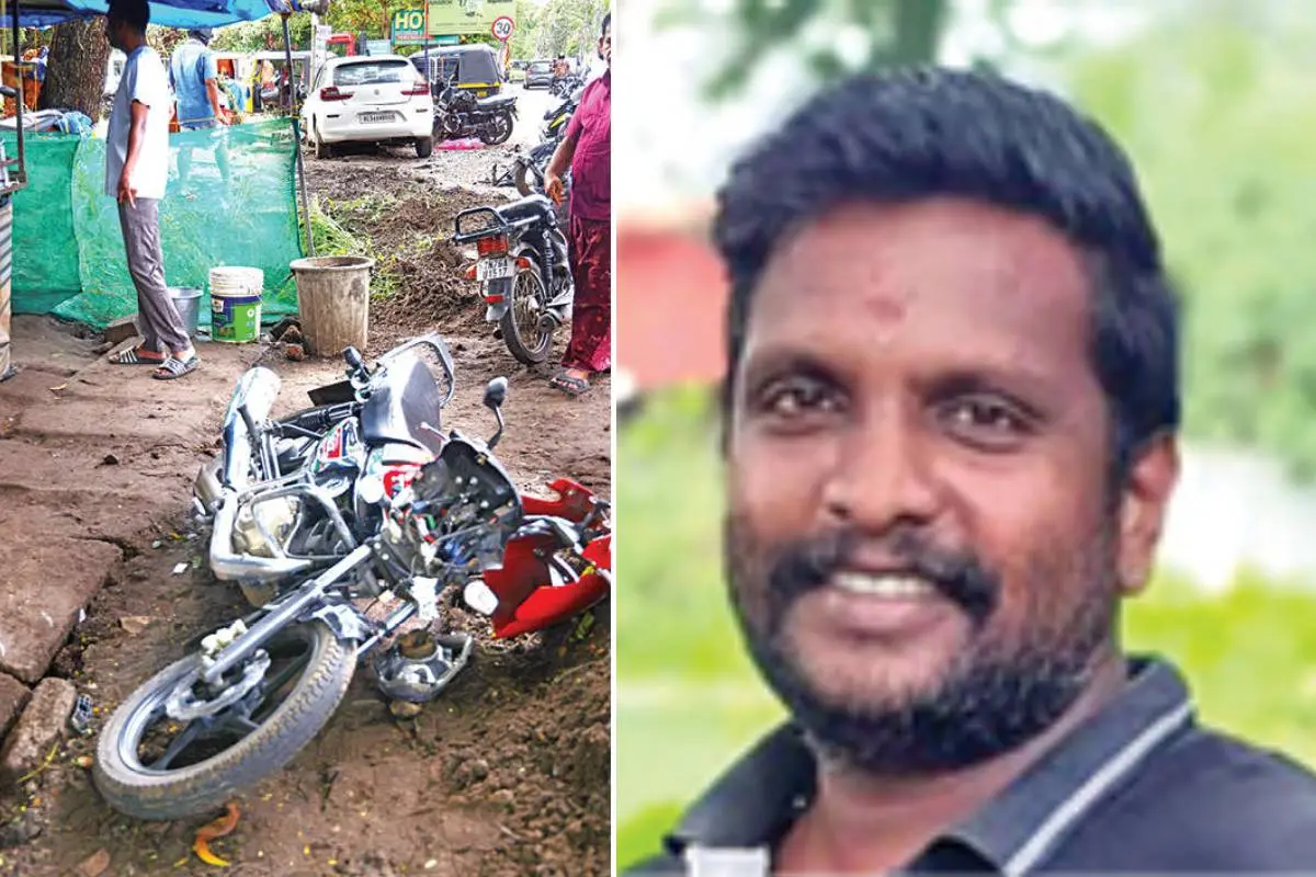 ചായക്കടയ്ക്കു മുന്നിലിരുന്ന ബൈക്ക് കാറിടിച്ചു തകർന്നനിലയിൽ, മരിച്ച സുധീഷ്