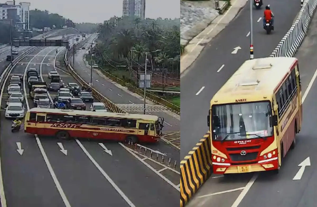 ദേശീയ പാതയില് ദിശ തെറ്റിച്ച് എത്തിയ കെഎസ്ആര്ടിസി ബസ്
