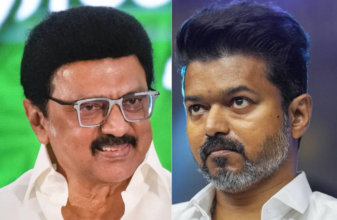 തമിഴ്നാട് മുഖ്യമന്ത്രി എം.കെ. സ്റ്റാലിൻ, വിജയ് | Photo: PTI