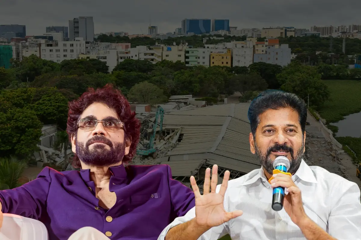 നാഗാര്ജുന, രേവന്ത് റെഡ്ഡി- പശ്ചാത്തലത്തില് എന് കണ്വെന്ഷന് സെന്റര് | Photo: ANI, PTI