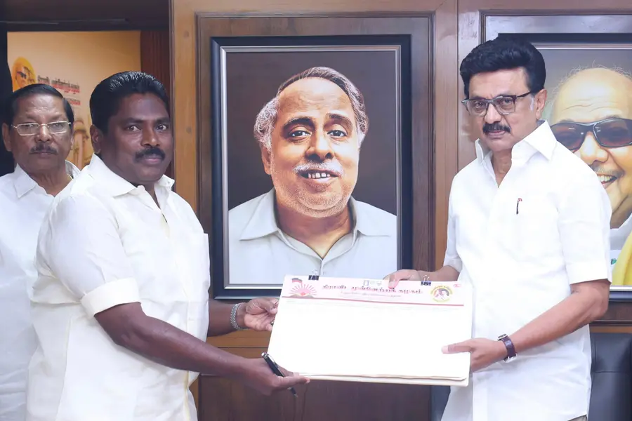 DMK supremo MK Stalin with former Minister P. Benjamin during a meeting in Chennai