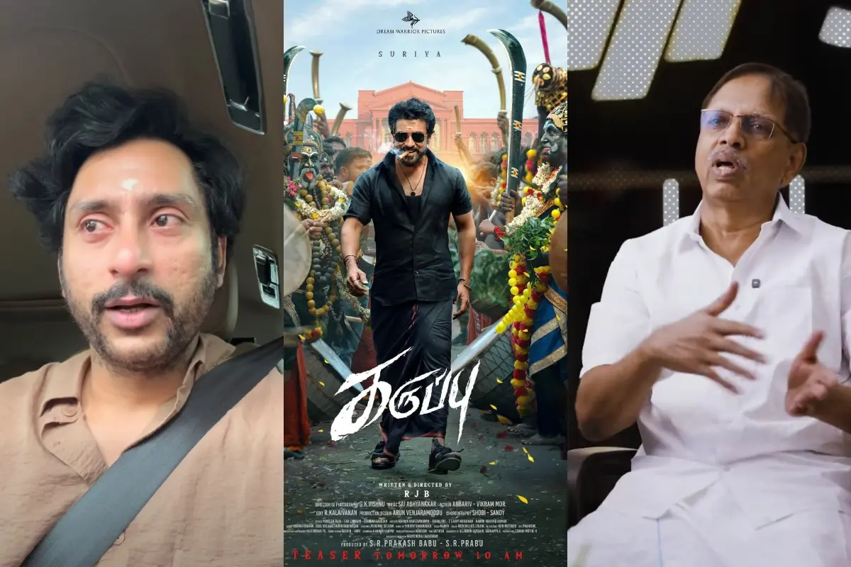 ആര്.ജെ. ബാലാജി, കറുപ്പ് പോസ്റ്റര്, തിരുപ്പൂര് സുബ്രഹ്മണ്യം | Photo: Facebook: RJ Balaji, Sri Sakthi Cinemas