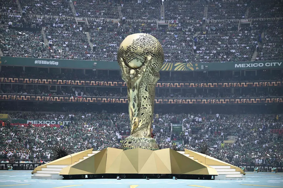 A huge replica of the World Cup trophy is seen during the opening ceremony