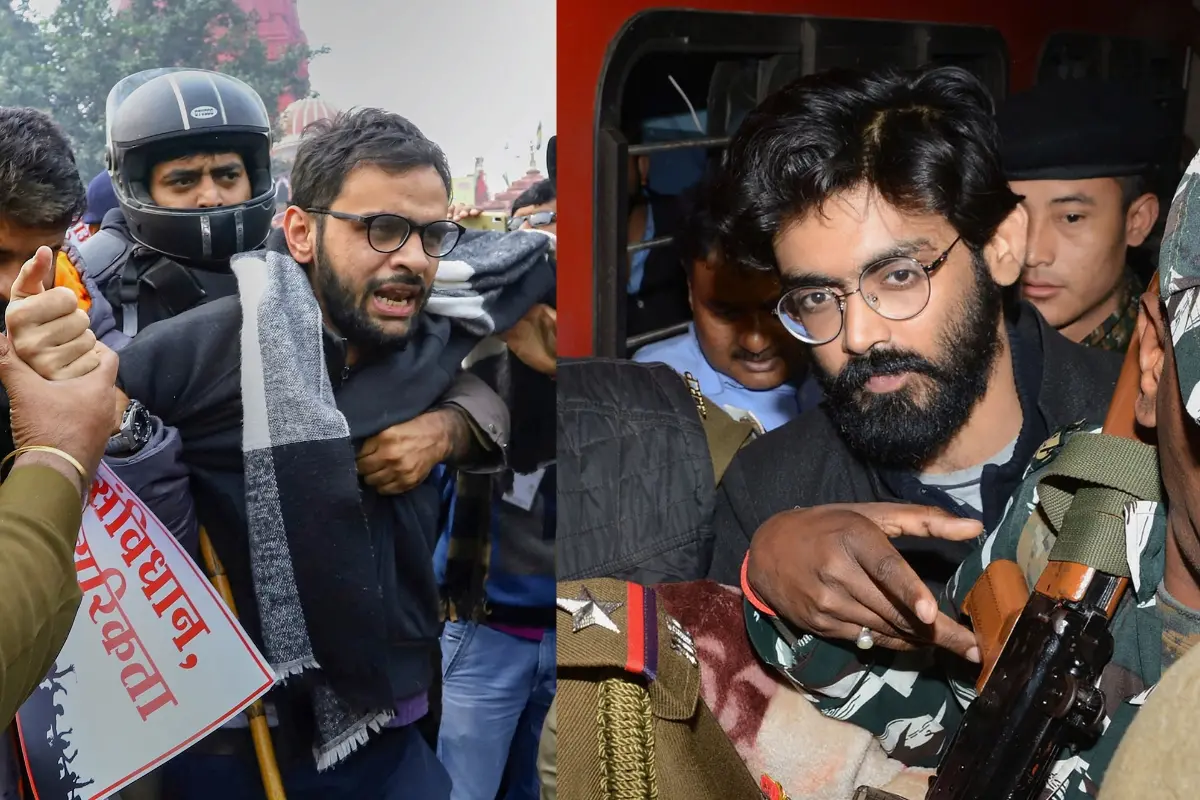 Former JNU student and activist Umar Khalid is detained by police for defying prohibitory orders imposed by the Delhi Police in the area during an anti-Citizenship Act protest, at Red Fort, in New Delhi. And Sharjeel Imam, former student of JNU, being brought by Assam Crime Branch and Delhi police from Tihar Jail for his alleged controversial remark on North East States, at Guwahati Railway station in Guwahati. | File image: PTI