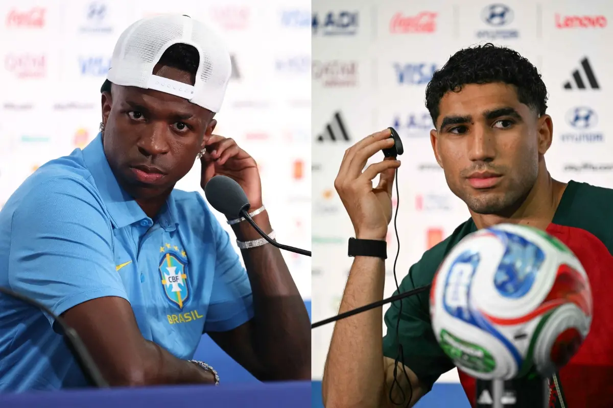 JUNE Vinicius Junior of Brazil and  Achraf Hakimi of Morocco speak to the media during a press conference ahead of the FIFA World Cup 2026 Group C match between Brazil and Morocco at New York New Jersey Stadium on June 12, 2026 in East Rutherford, New Jersey.| Photo: AFP