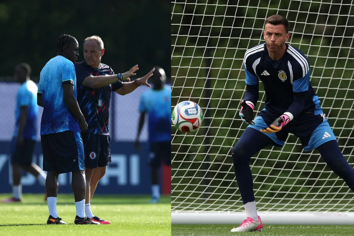 Sebastien Migne, Head Coach of Haiti, speaks with Jean-Ricner Bellegarde #10 during the training and Angus Gunn of Scotland in action one day ahead of the FIFA World Cup 2026 Group C match between Haiti and Scotland at Boston Stadium on June 12, 2026 in Boston.| Photo: AFP
