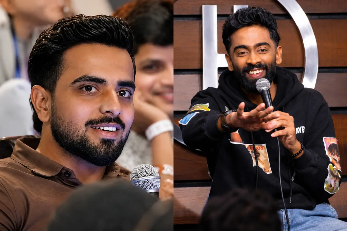 സ്ത്രീവിരുദ്ധ പരാമർശം നടത്തിയതിനെ തുടർന്ന് ജോലി പോയ ഹിമാൻഷു ജാഗ്ര, സ്റ്റാൻഡ് അപ്പ് കൊമേഡിയൻ പ്രണീത് മോറെ | Photos: X, Enhanced with AI