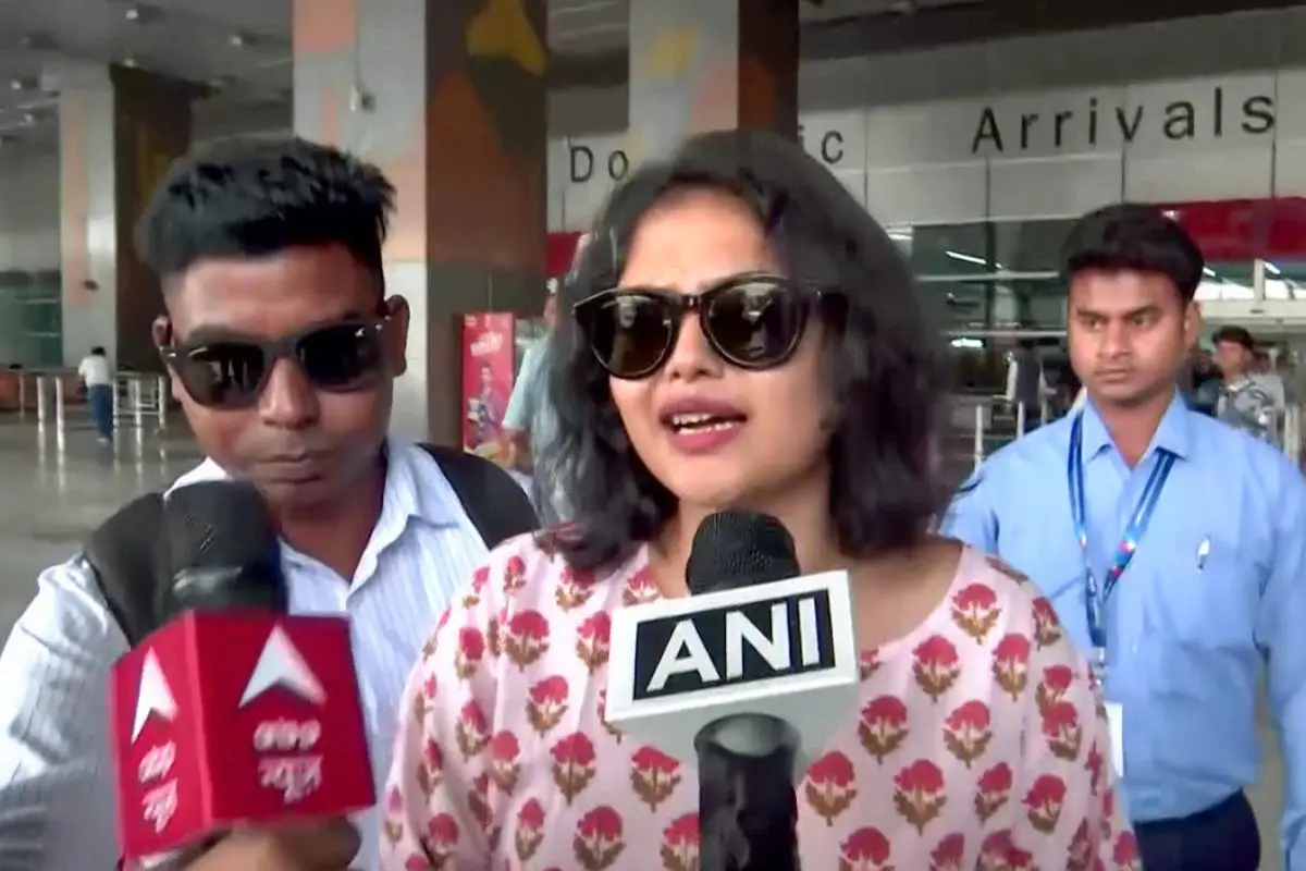 TMC MP Saayoni Ghosh arrives at the Delhi airport in New Delhi on Sunday. (ANI Grab Video)