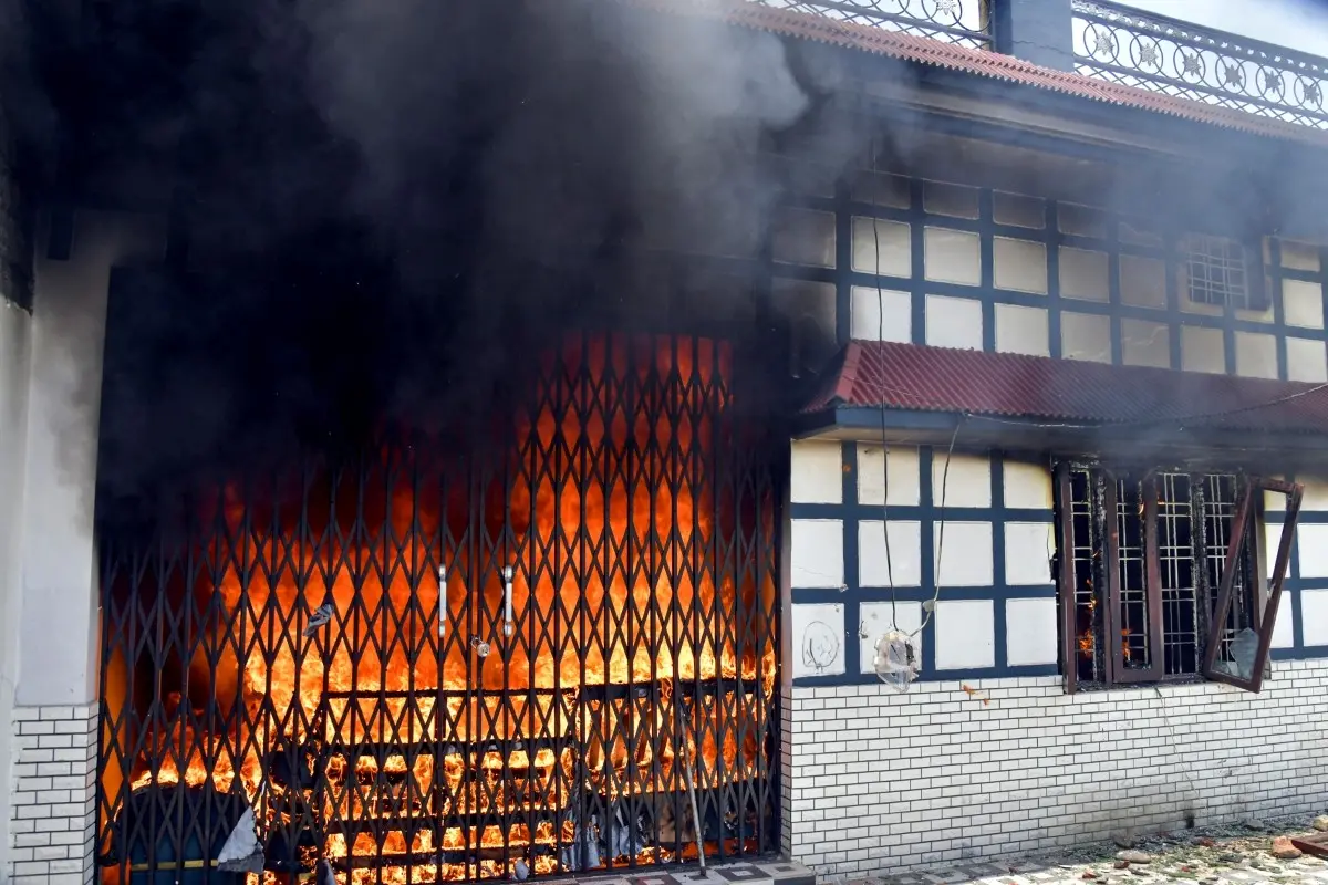 Flames billow from the residence of an accused, in the alleged killing of 44-year-old local BJP functionary in a clash on Saturday in Bairagiwala village, Dehradun