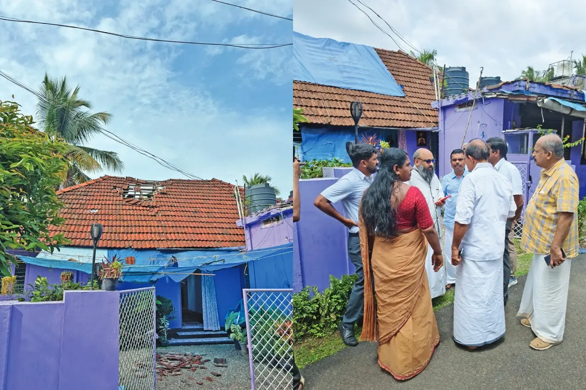 താഴ്ന്നിറങ്ങിയ വിമാനത്തിന്റെ കാറ്റടിച്ച് സൈമണിന്റെ വീട് തകർന്ന നിലയിൽ, • പഞ്ചായത്ത് പ്രസിഡന്റ് ജെസ്സി ജോർജ്, വൈസ് പ്രസിഡന്റ് സി.വൈ. ശാബോർ, നെടുമ്പാശ്ശേരി വിമാനത്താവള അധികൃതർ എന്നിവർ സൈമണിന്റെ വീട് സന്ദർശിച്ചപ്പോൾ