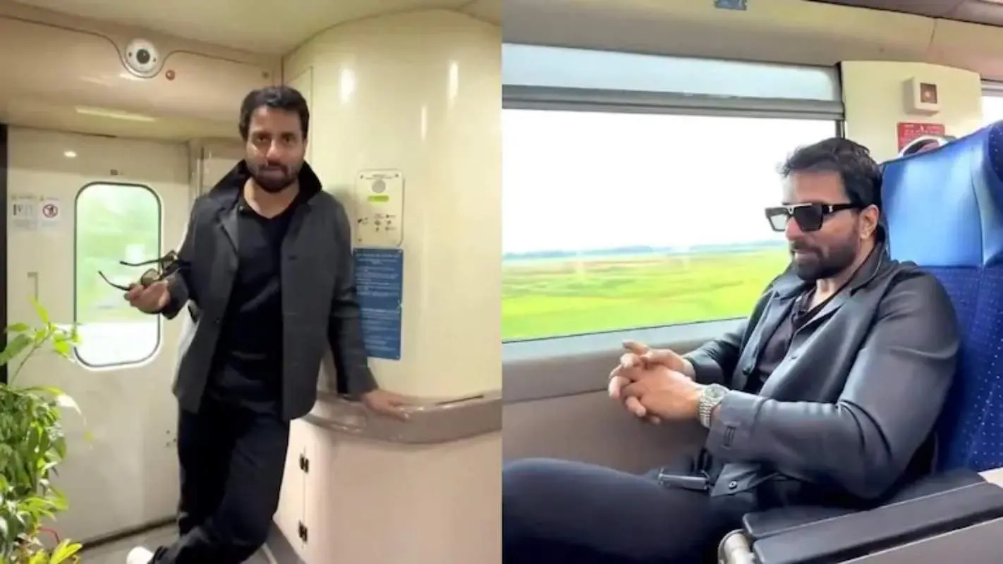 വന്ദേ ഭാരതിലെ യാത്രയ്ക്കിടെ സോനു സൂദ് | Photo: X/ Sonu Sood