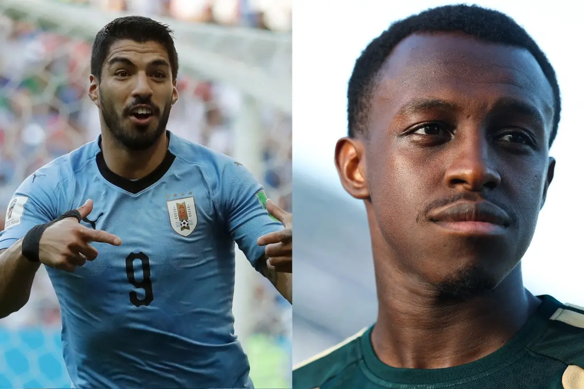 Uruguay's Luis Suarez and Saud Abdulhamid #12 of Saudi Arabia.| Photo: AP