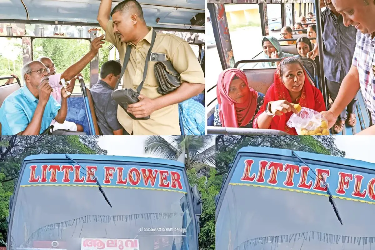 കെ.എസ്.ആർ.ടി.സി. ഓർഡിനറി ബസുകളിൽ സ്ത്രീകൾക്ക് സൗജന്യയാത്ര അനുവദിച്ചതിൽ പ്രതിഷേധിച്ച് ആലുവ-മാഞ്ഞാലി റൂട്ടിൽ സർവീസ് നടത്തുന്ന ലിറ്റിൽ ഫ്ളവർ ബസിൽ പുരുഷന്മാർക്ക് സൗജന്യ യാത്രയും സ്ത്രീകൾക്ക് ലഡ്ഡുവും നൽകിയപ്പോൾ. | ഫോട്ടോ: ടി.കെ. പ്രദീപ് കുമാർ, Facebook/Deepak Kalappat