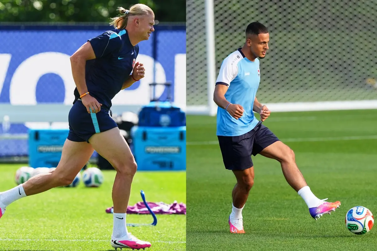 Norway's Erling Haaland (L) and Iraq's Ali Alhamadi (R) exercises during training sessions ahead of the World Cup Group I soccer match between Iraq and Norway in Foxborough, Mass., near Boston.| Photo: AP