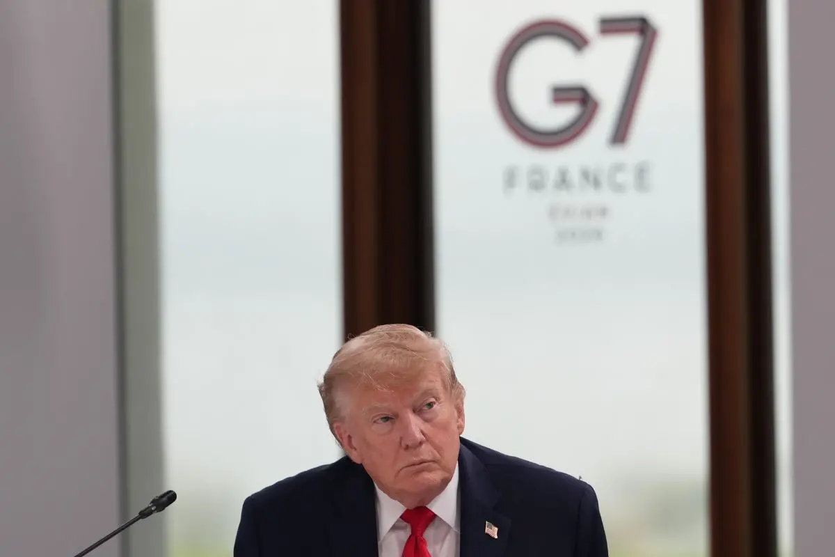 US President Donald Trump participates in a working session with other leaders during the G7 summit on Tuesday, June 16, 2026, in Evian-les-Bains, France. (AP Photo/Julia Demaree Nikhinson)