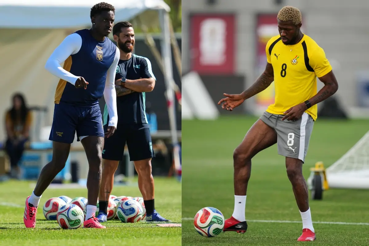 Panama's Jose Cordoba (L) and Ghana's Kwasi Sibo (R) during a training session before FIFA World Cup match between Ghana and Panama, in Toronto.| Photo: AP