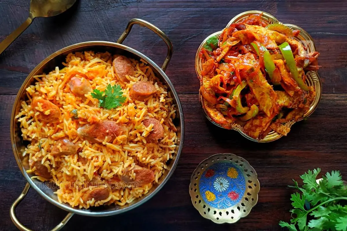 സോസേജ് പുലാവും എഗ്ഗ് സ്ട്രിപ്സ് മസാലയും