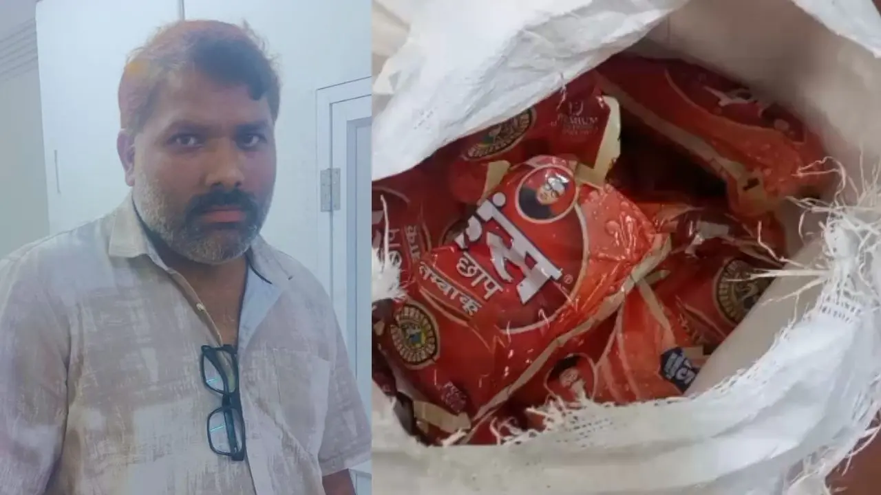 പിടിയിലായ മിഥിലാജ്, ഇയാളുടെ പക്കൽനിന്നും പിടിച്ചെടുത്ത പുകയില ഉത്പന്നങ്ങൾ