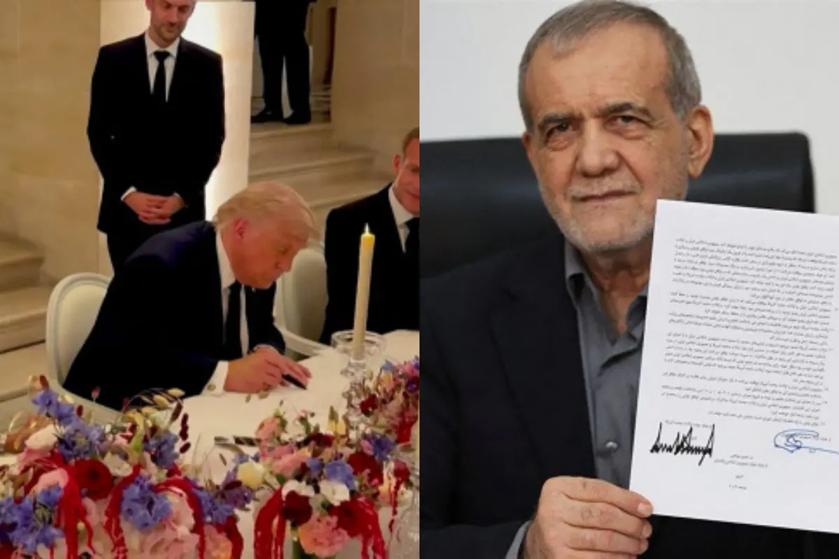 US President Donald Trump signing the deal, Iran's President Masoud Pezeshkian holding a document showing a memorandum of understanding he signed to end the Middle East war