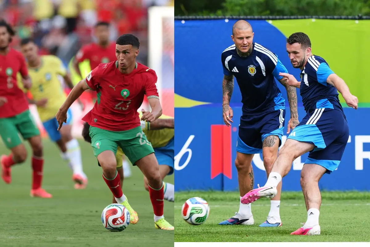 Bilal El Khannouss of Morocco (L) and Scotland's John McGinn | Photo: Getty Images via AFP/AP
