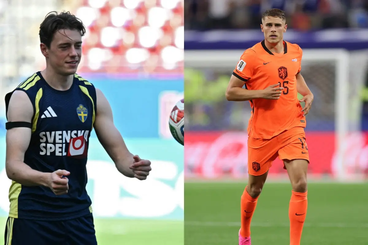 Sweden's midfielder #24 Elliot Stroud (L) and Micky van de Ven #15 of Netherlands | Photo: Getty Images via AFP