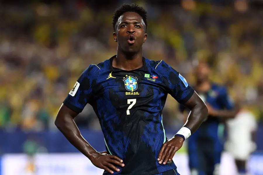 Brazil's forward Vinicius Junior celebrates scoring his team's third goal during the 2026 World Cup Group C football match between Brazil and Haiti