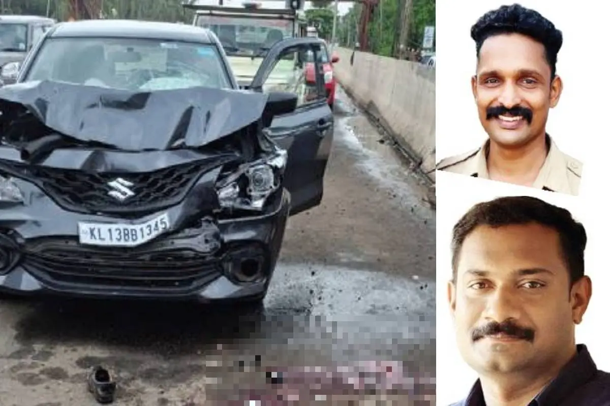 The car that rammed into the police jeep parked as part of highway patrol duty on the National Highway at Padannakkad in Kanhangad on Thursday; K M Sooraj (above), Aloysius Mathew