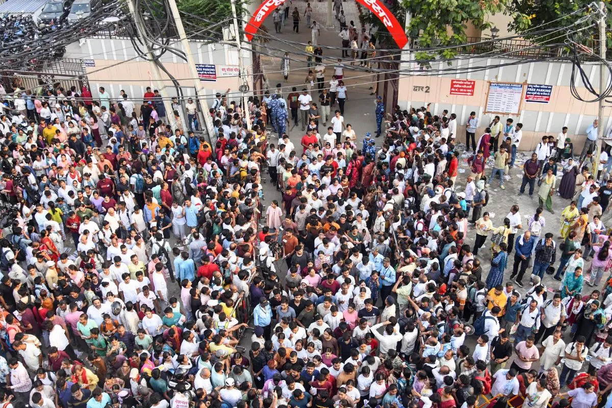 Aspirants gather outside an exam centre as they leave after appearing for the NEET-UG 2026 re-examination, in Patna on Sunday. (ANI Photo)