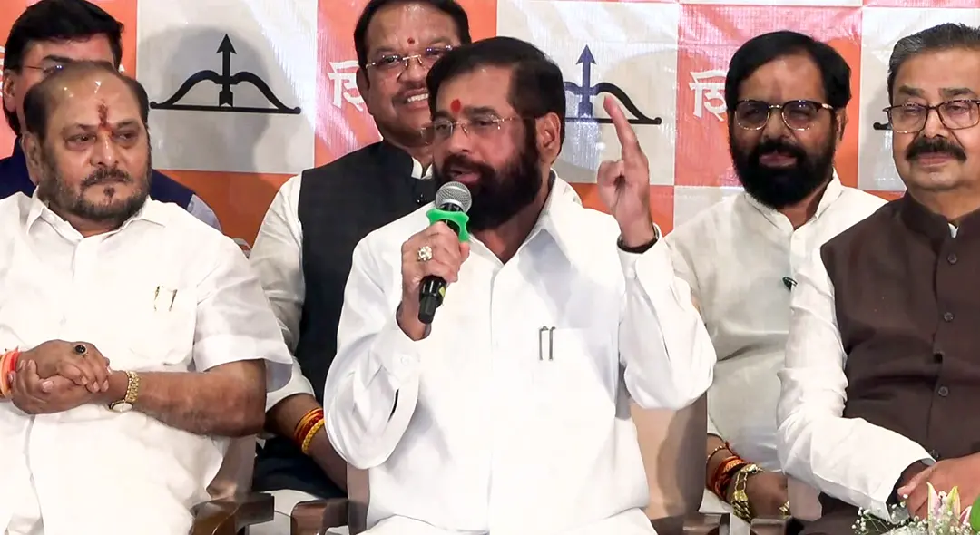 Maharashtra Deputy Chief Minister Eknath Shinde addresses a press conference after Shiv Sena UBT MPs join Shiv Sena