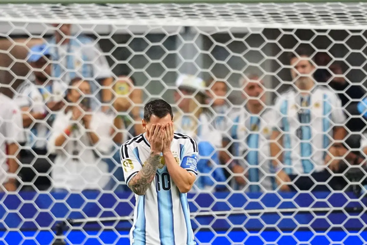 Argentina's Lionel Messi reacts after failing to score a penalty shot during the World Cup Group J soccer match between Argentina and Austria in Arlington, Texas, near Dallas, Monday, June 22, 2026. (AP/PTI Photo)