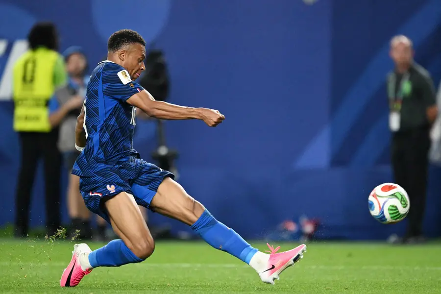 Kylian Mbappe kicks the ball during the 2026 World Cup Group I football match