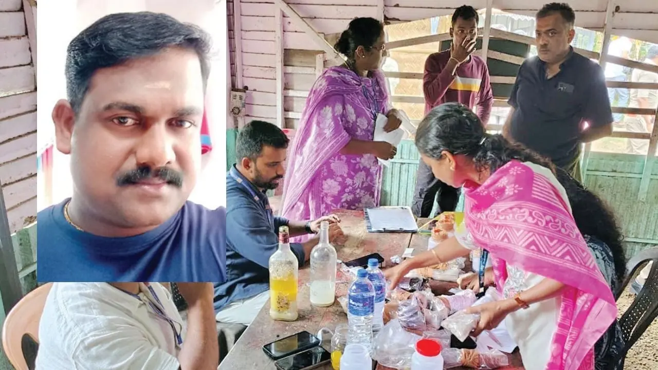 ഭക്ഷ്യവിഷബാധയേറ്റുണ്ടായ മരണത്തെ തുടർന്ന് തൊള്ളയിരംചിറ ഷാപ്പിൽനിന്ന് ഭക്ഷണസാമ്പിളുകൾ ഭക്ഷ്യസുരക്ഷാ ഉദ്യോഗസ്ഥർ പരിശോധനയ്ക്കായി ശേഖരിക്കുന്നു. ഇൻസൈറ്റിൽ മരിച്ച ജ്യോതിഷ്.