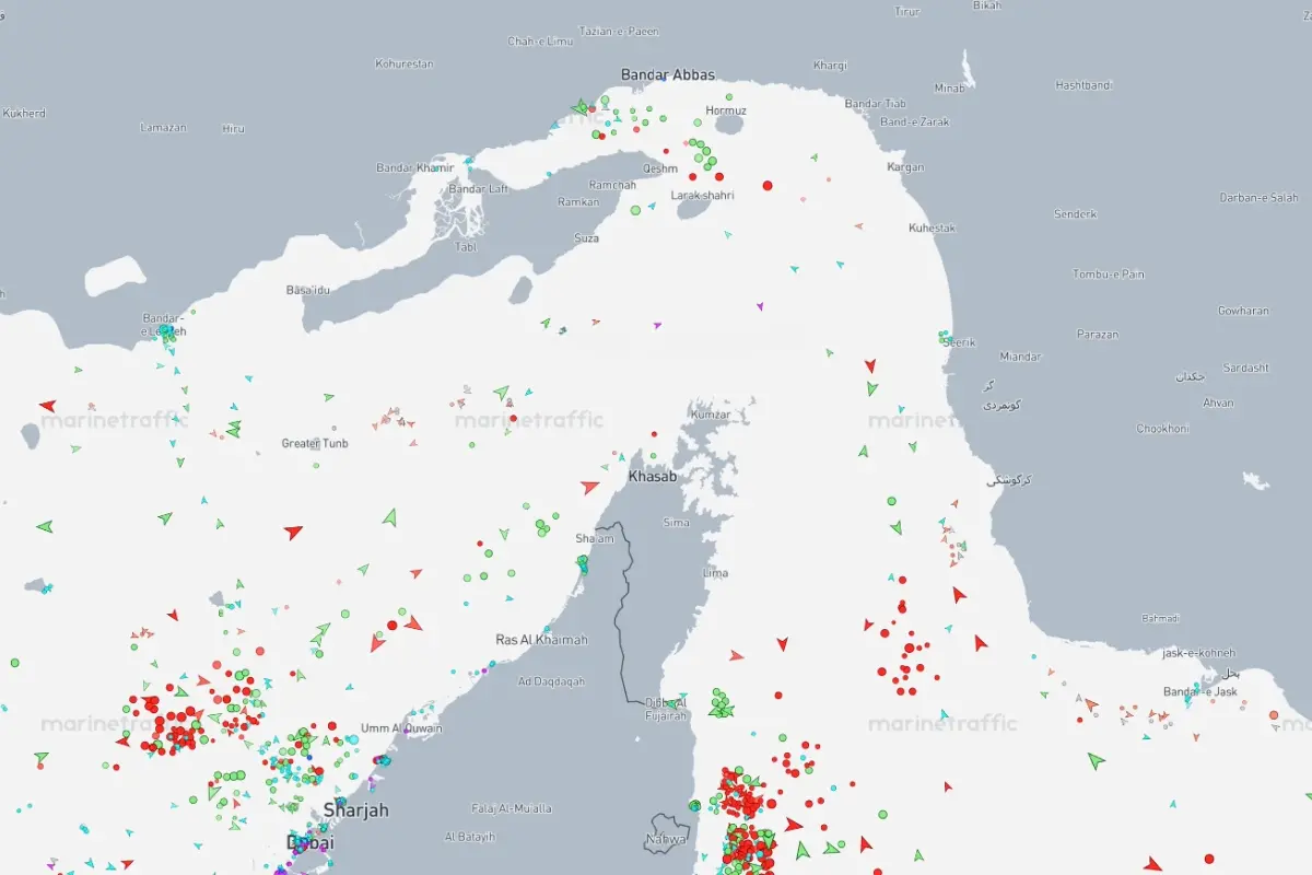 Screen grab shows movemnet of ships and vessels through the Strait of Hormuz.| Photo: @MarineTraffic