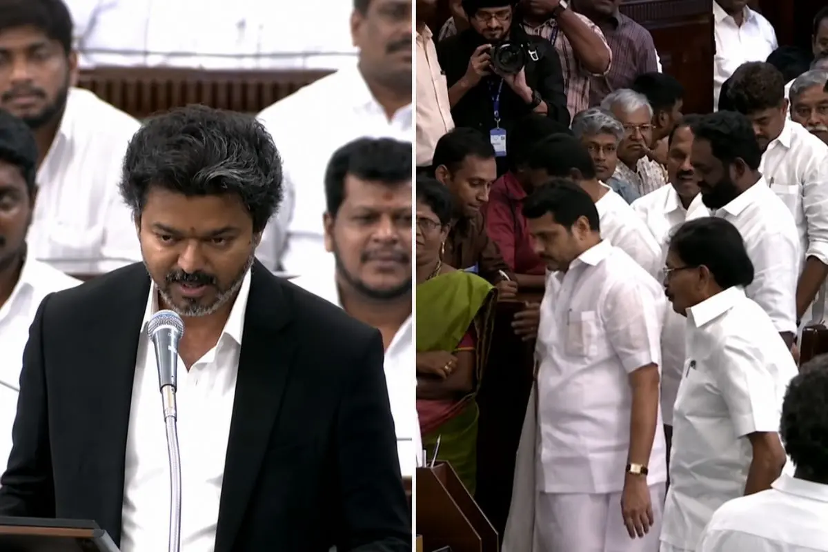 Tamil Nadu Chief Minister Vijay addresses the Assembly as DMK legislators stage a walkout during a heated debate over NEET, law and order, and governance issues in Chennai on Tuesday. (Source: ANI screengrab)