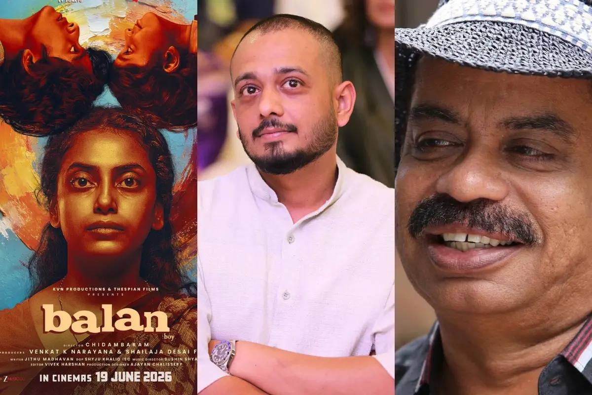 ബാലന്: ദ ബോയ് പോസ്റ്റര്, ചിദംബരം, സത്യന് അന്തിക്കാട് | Photo: Facebook/ KVN Productions, The Prismatic Creations, Sathyan Anthikad