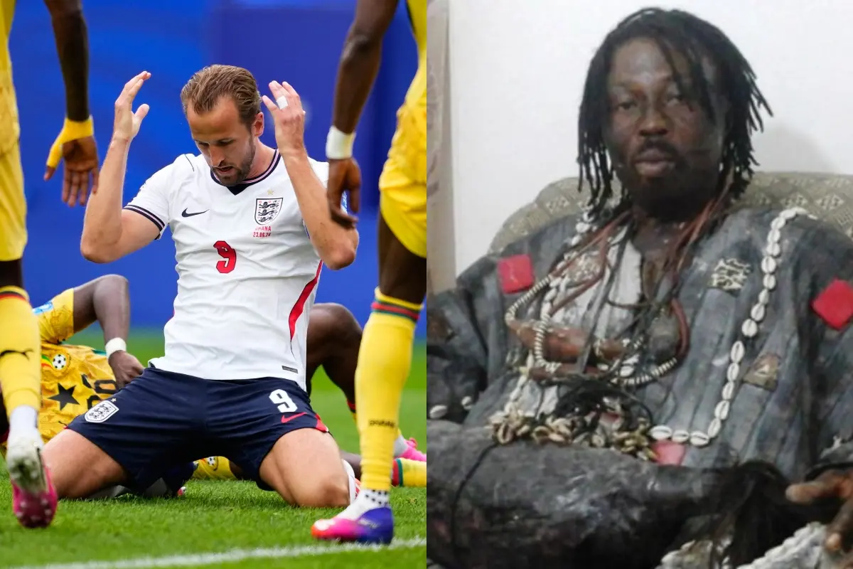 England's Harry Kane (9) reacts after missing a shot on goal during the World Cup Group L soccer match between England and Ghana (L) and the Ghanaian witch doctor Nana Kwaku Bonsam | Photo: AP/X