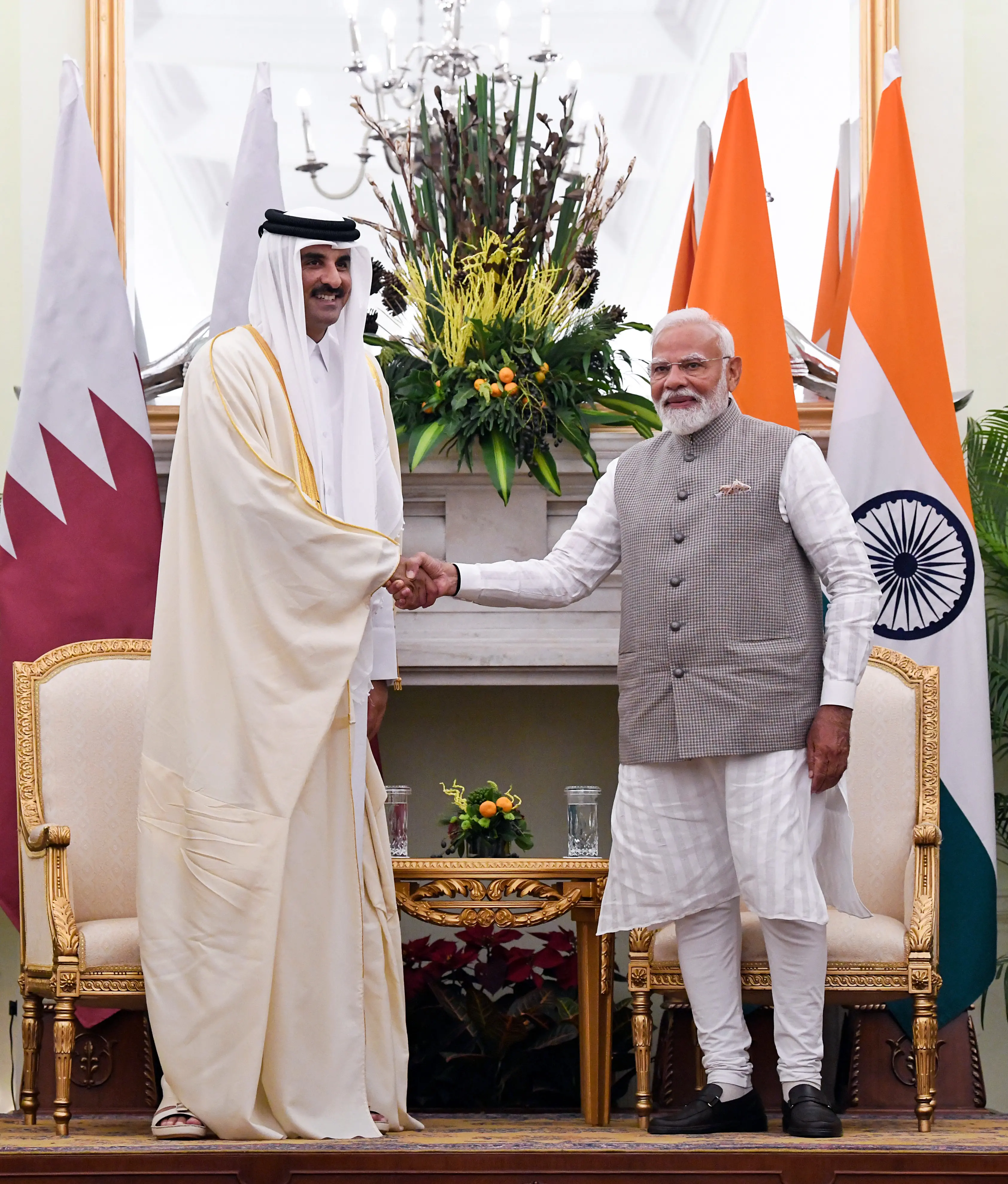 PM Narendra Modi with Sheikh Tamim Bin Hamad Al Thani, Amir of Qatar | ANI