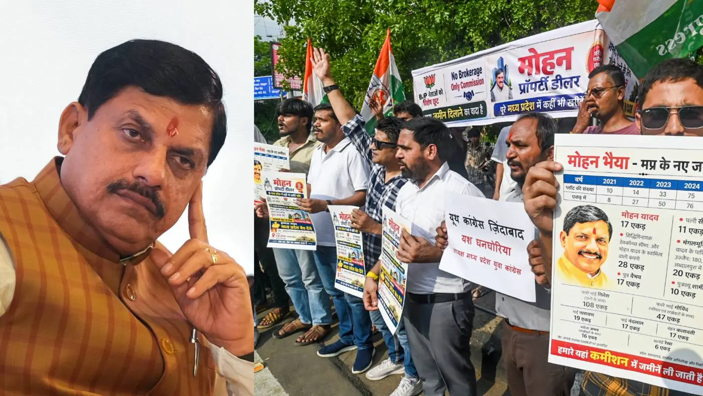 മോഹൻ യാദവ്, രാജി ആവശ്യപ്പെട്ട് യൂത്ത് കോൺഗ്രസ് പ്രവർത്തകർ ഭോപ്പാലിൽ നടത്തിയ പ്രതിഷേധ പ്രകടനം | PHOTO: PTI