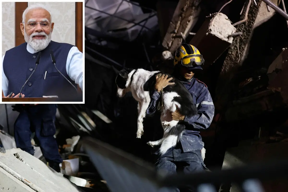 A firefighter rescues a dog from a building that collapsed after an earthquake in Caracas, Venezuela; Indian Prime Minister Narendra Modi (inset).| Photo: AFP