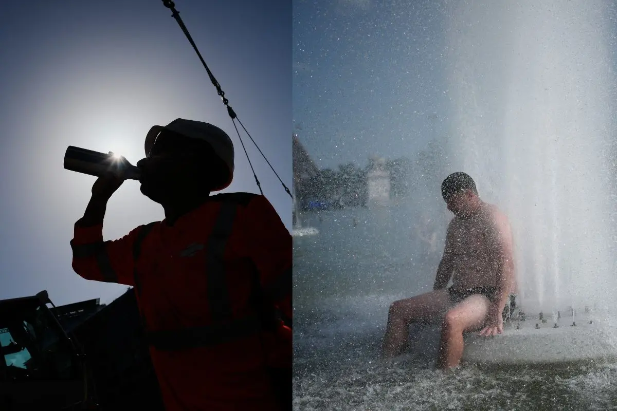 A worker drinks water on a construction site during high temperatures in Boulogne Billancourt, outside Paris- A person cools off at Trocadero fountain near the Eiffel Tower during a heat wave in Paris | Photos: AP