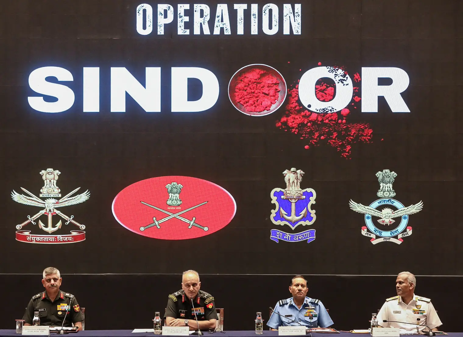 Former DGMO Lt. Gen. Rajiv Ghai, Deputy Chief of Integrated Defence Staff Lt Gen Zubil A. Minwalla, Air Marshal Awadhesh Kumar and Vice Admiral A.N. Pramod during a press conference over Operation Sindoor Anniversary, in Jaipur.| Photo: ANI