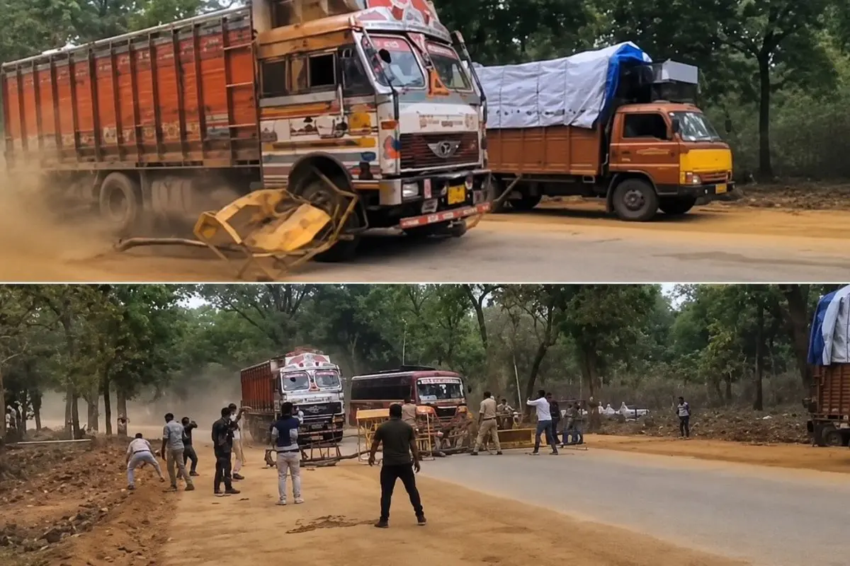 The truck allegedly driven by the accused crashes through a police barricade during a 60-km chase in Chhattisgarh before the driver was arrested. (Screengrab: X video)