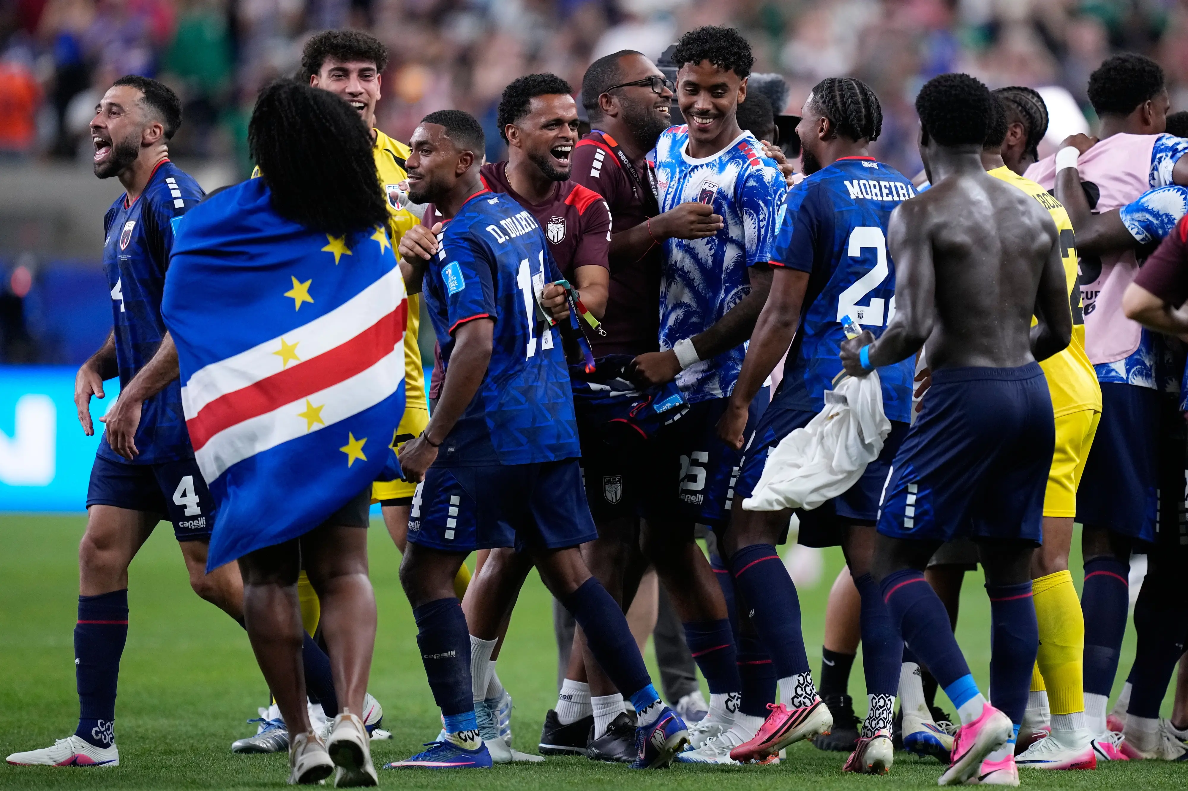 Cape Verde team members celebrate after the World Cup Group H soccer match between Cape Verde and Saudi Arabia | AP