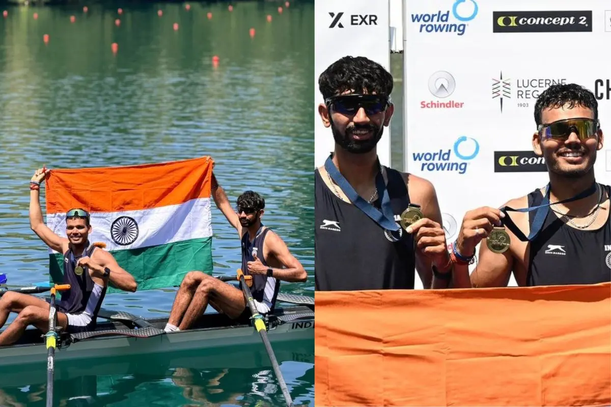 India's Lakshay and Ujjwal Kumar Singh celebrate after scripting history by winning the country's first-ever gold medal at the World Rowing Cup in Lucerne, Switzerland.