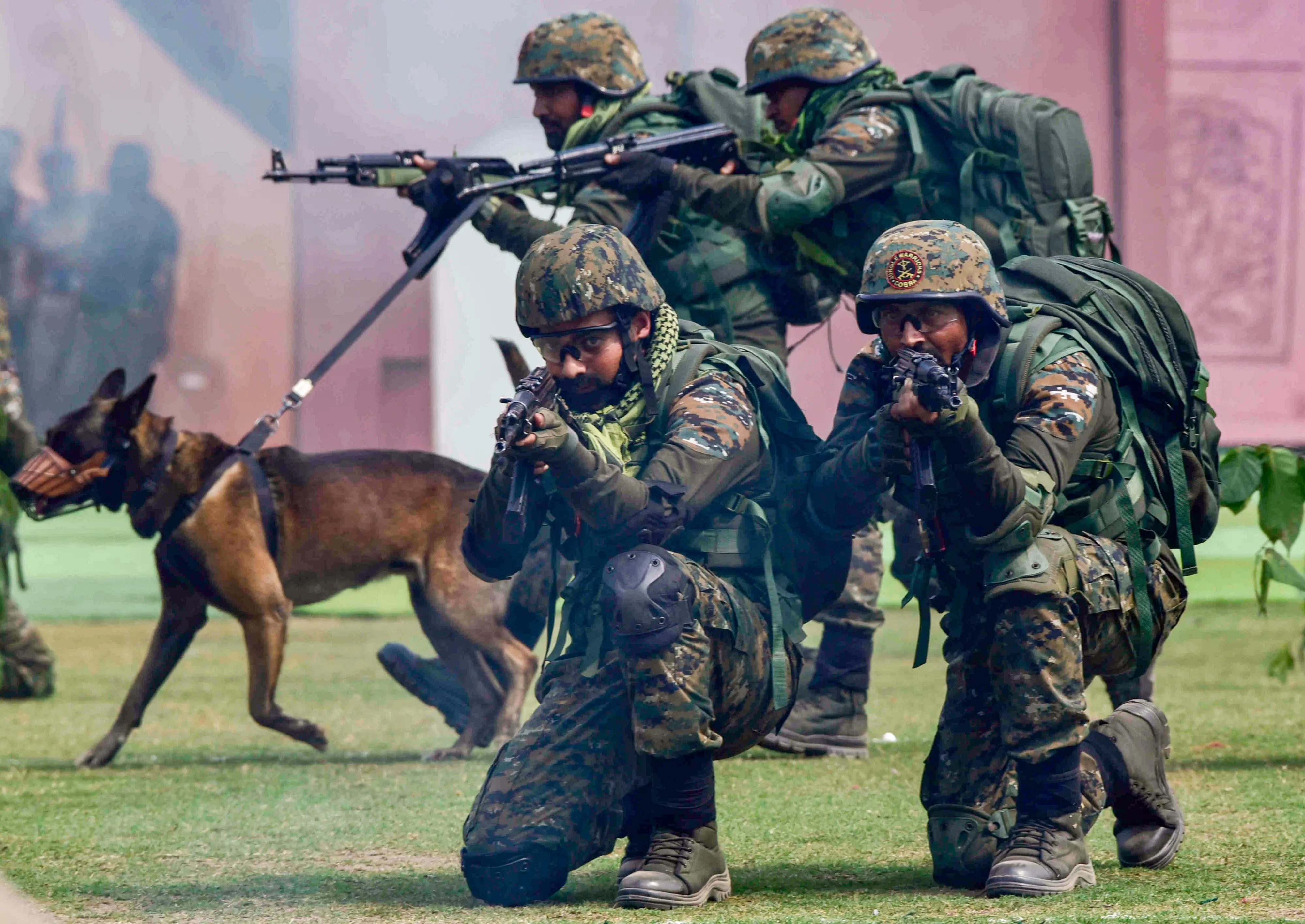 Central Reserve Police Force (CRPF) personnel conduct a mock drill during the 87th CRPF Day Parade, in Guwahati, Assam.| Photo: PTI